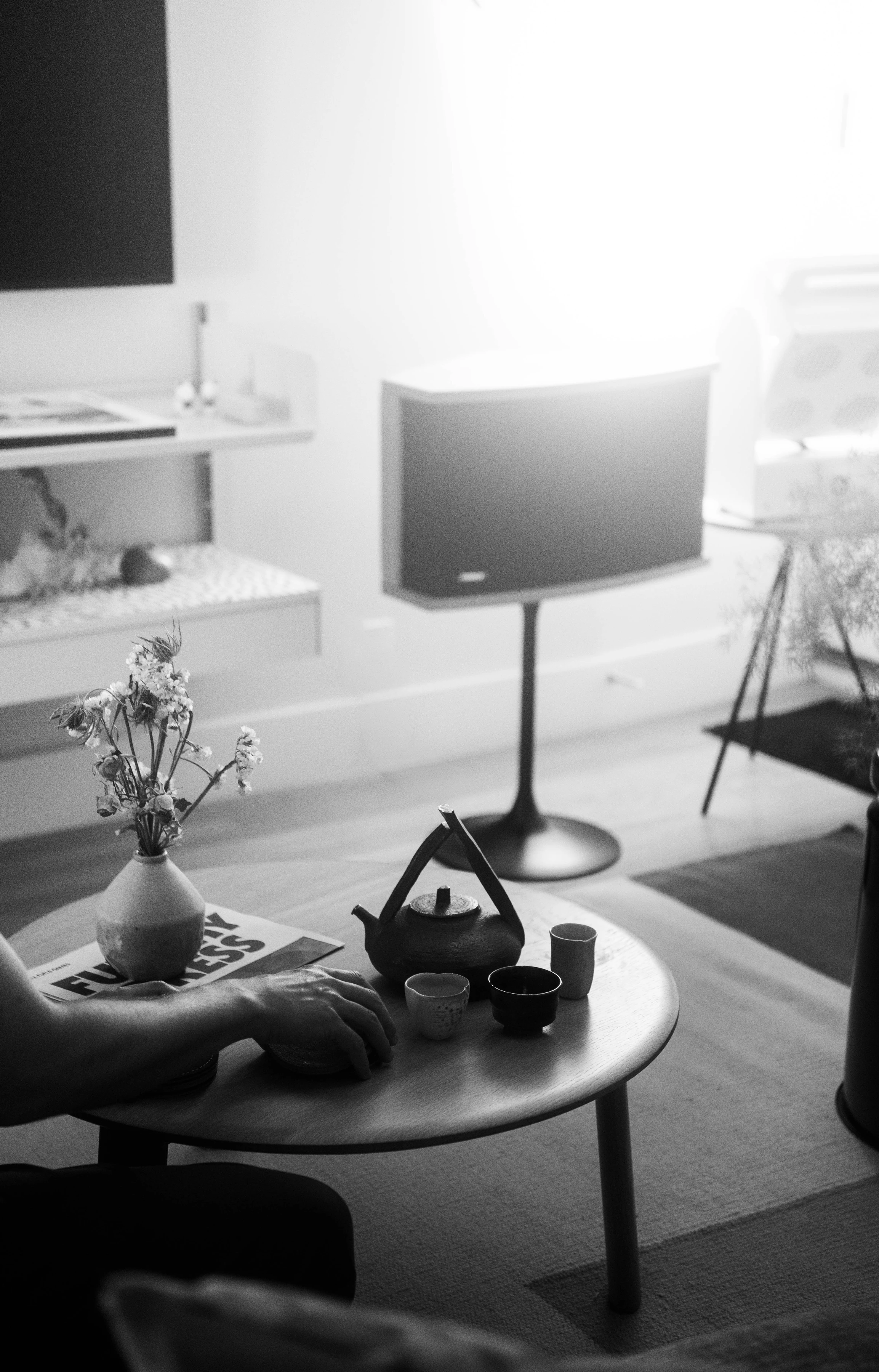 A Rhythm sunlight generator lighting a room — An evening indoors