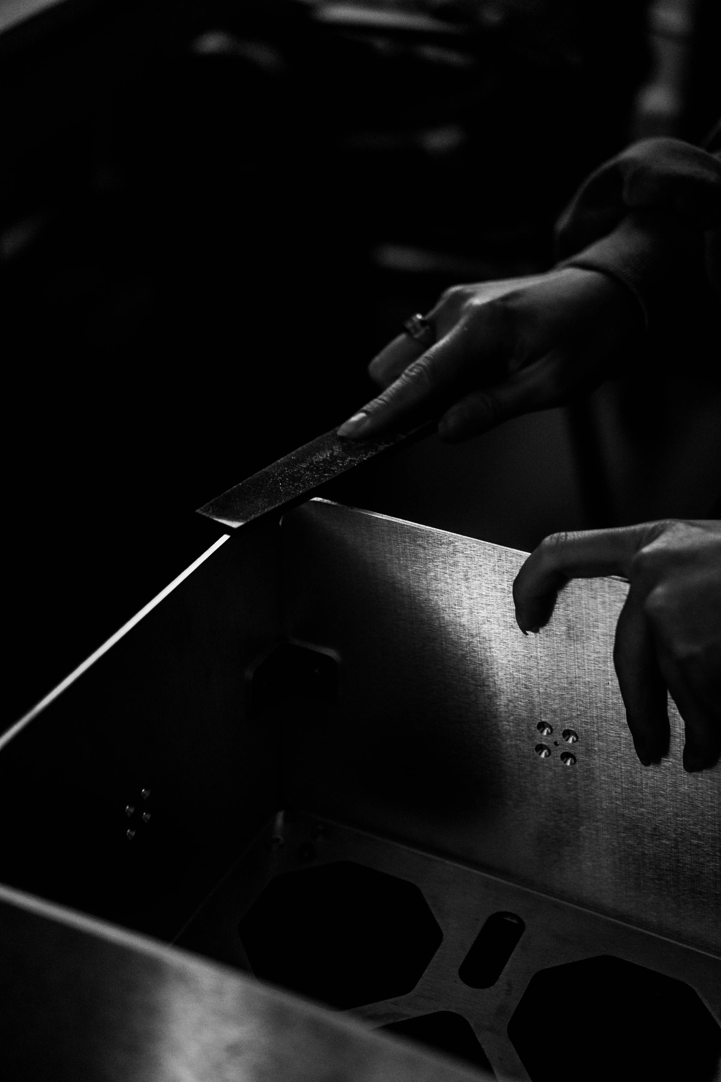 A Rhythm sunlight generator being assembled by hand in the San Francisco workshop