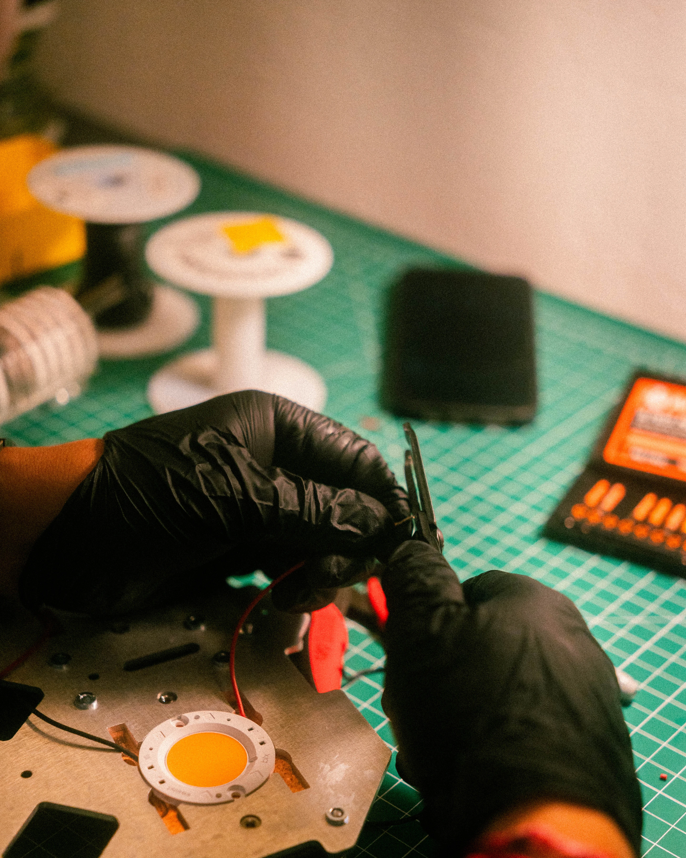 A Rhythm sunlight generator being assembled by hand in the San Francisco workshop