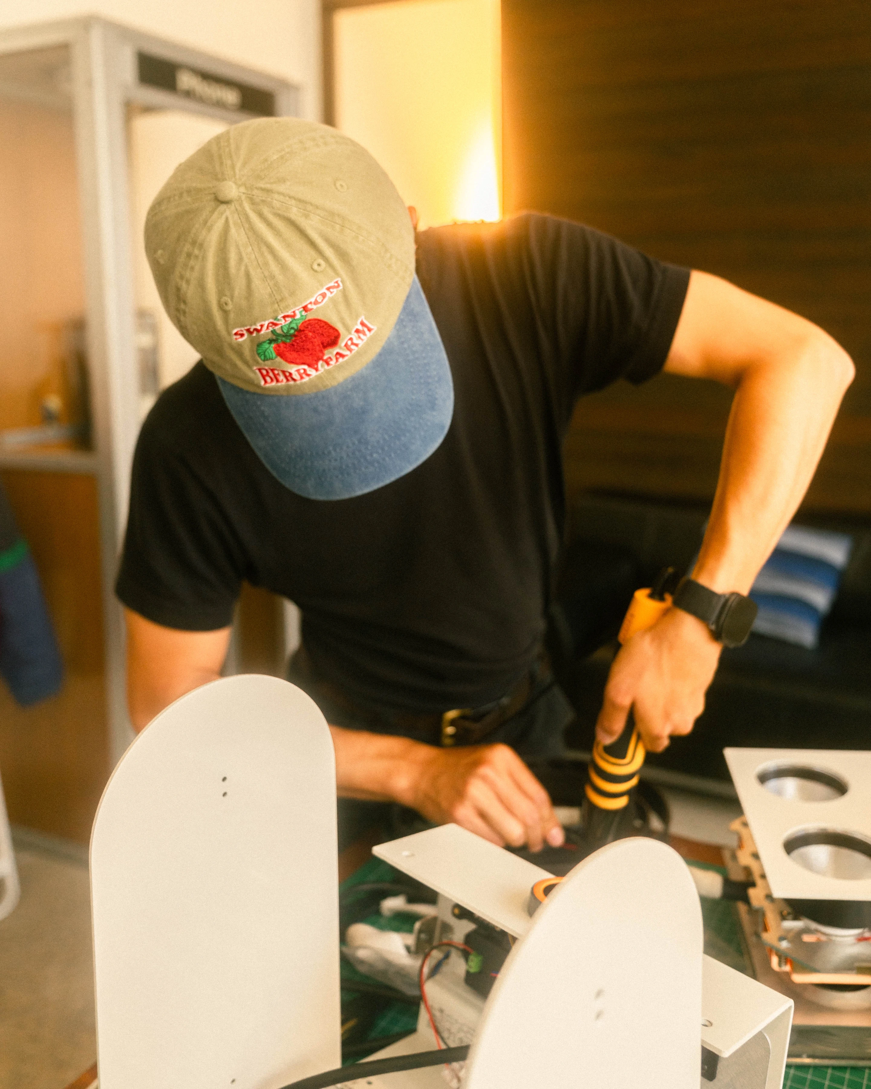 A Rhythm sunlight generator being assembled by hand in the San Francisco workshop
