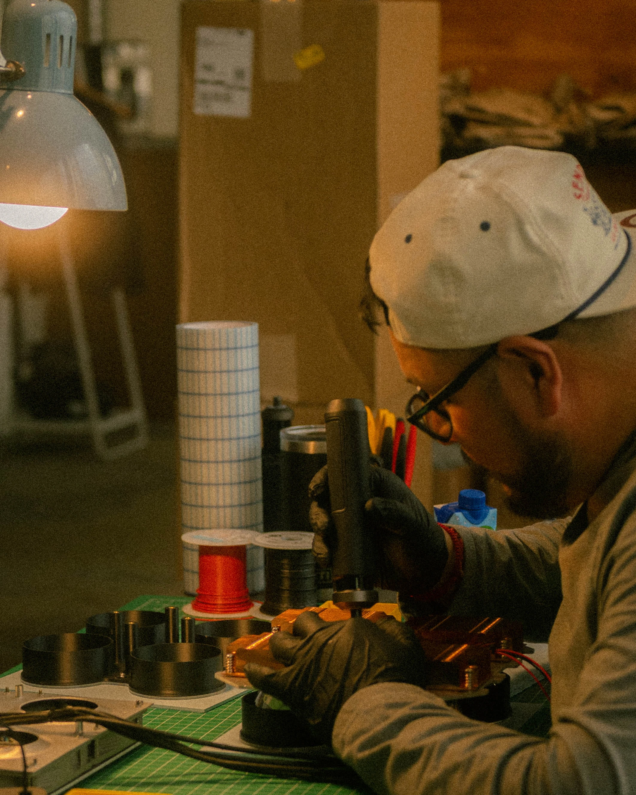 A Rhythm sunlight generator being assembled by hand in the San Francisco workshop