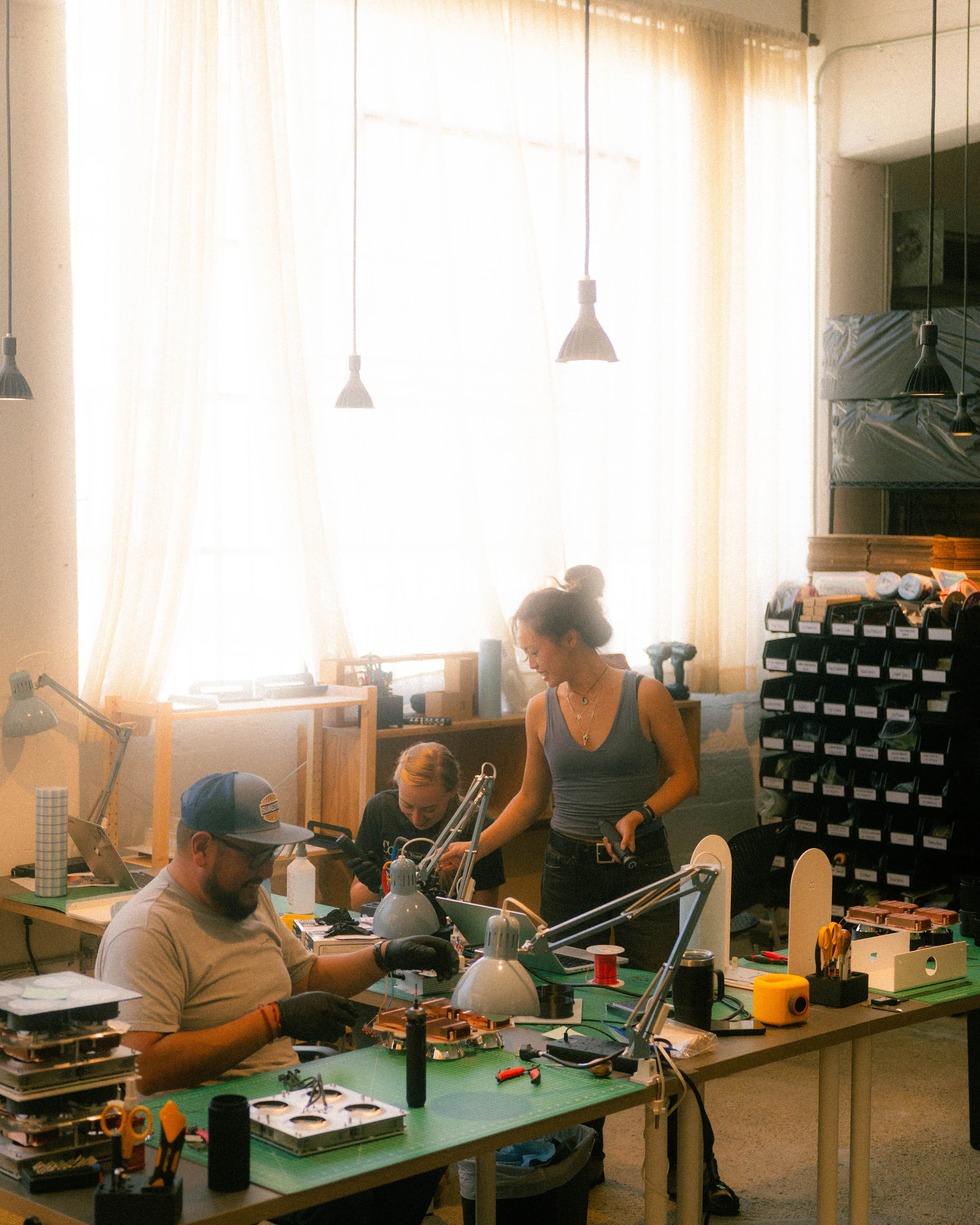 A Rhythm sunlight generator being assembled by hand in the San Francisco workshop