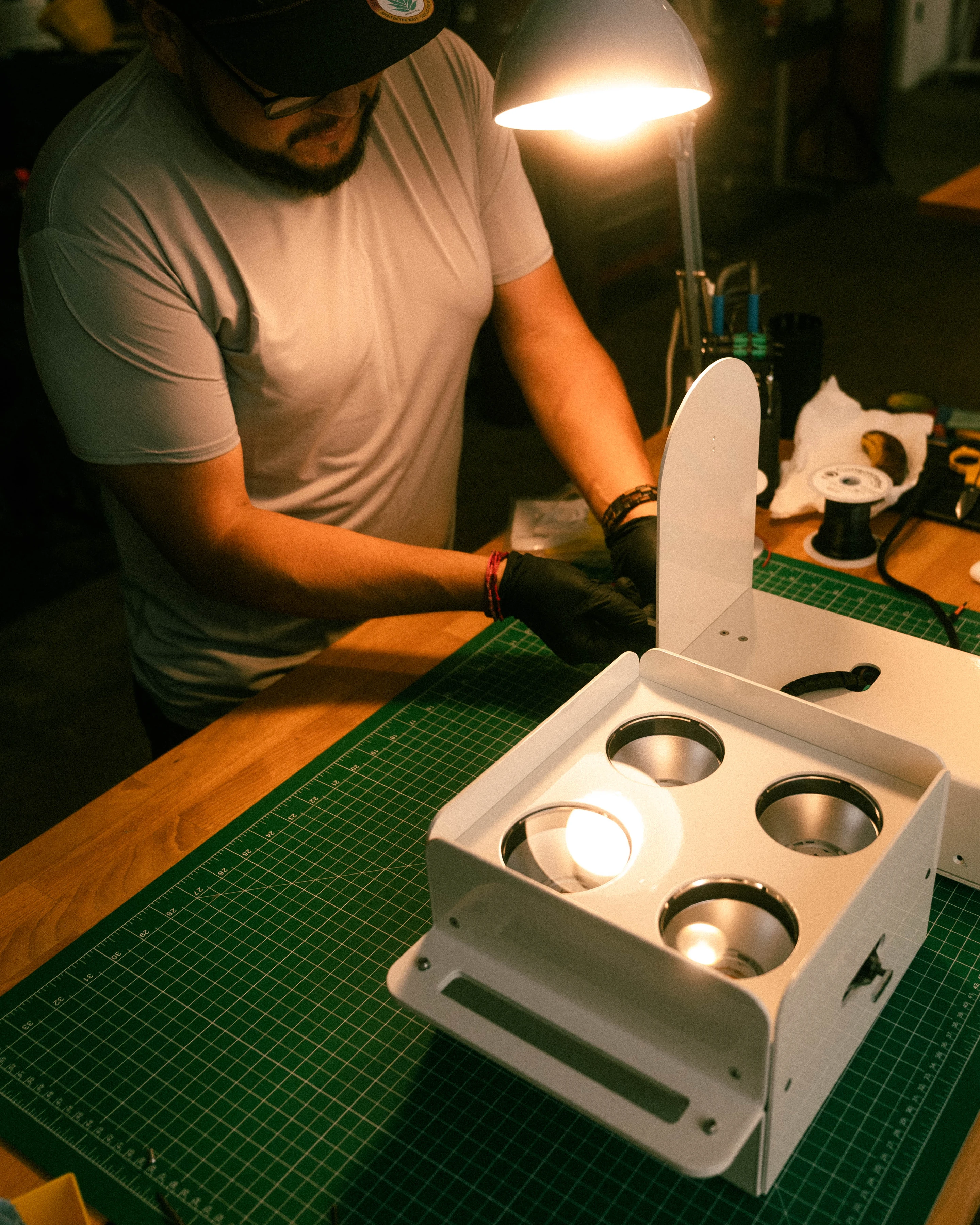 A Rhythm sunlight generator being assembled by hand in the San Francisco workshop
