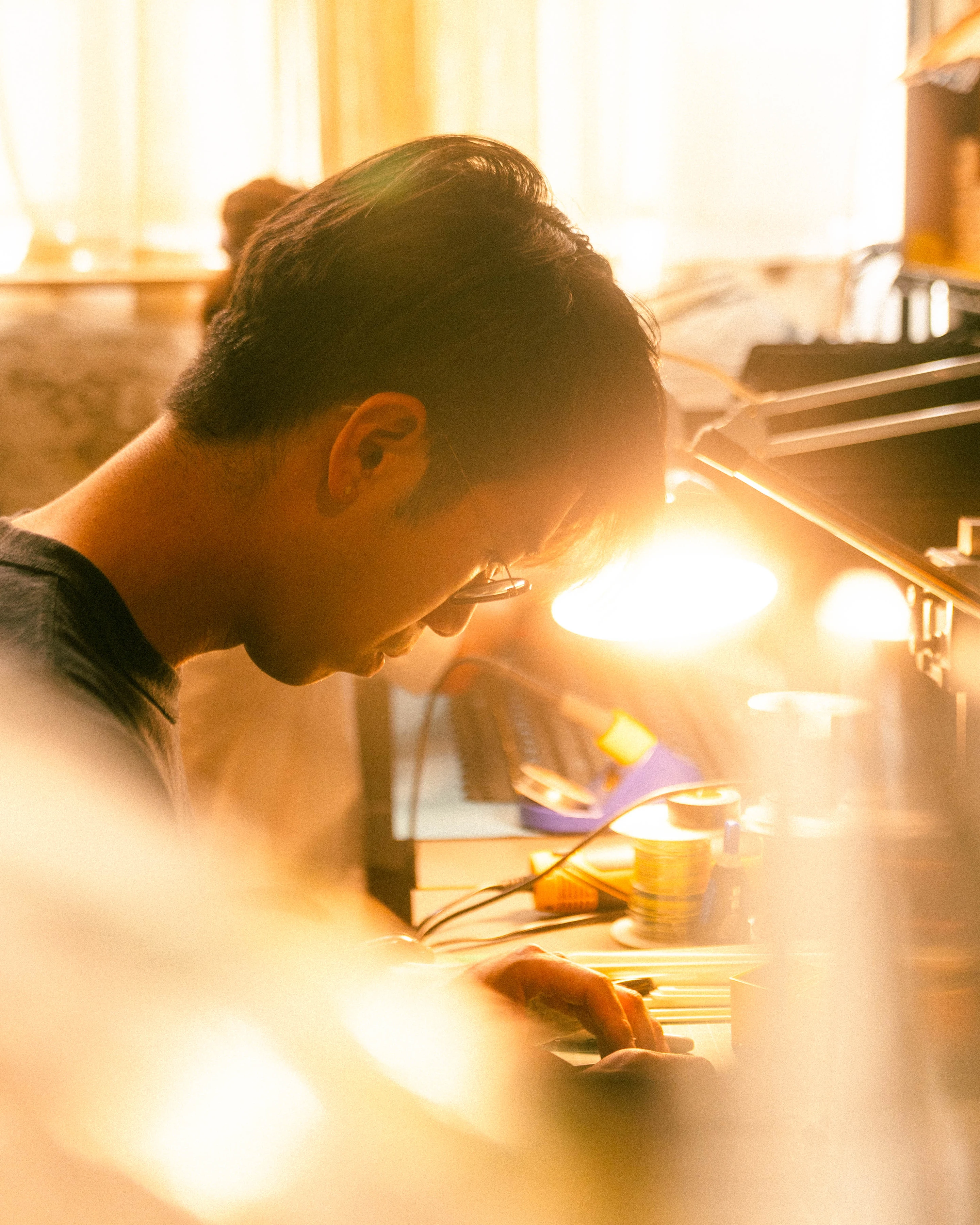 A Rhythm sunlight generator being assembled by hand in the San Francisco workshop